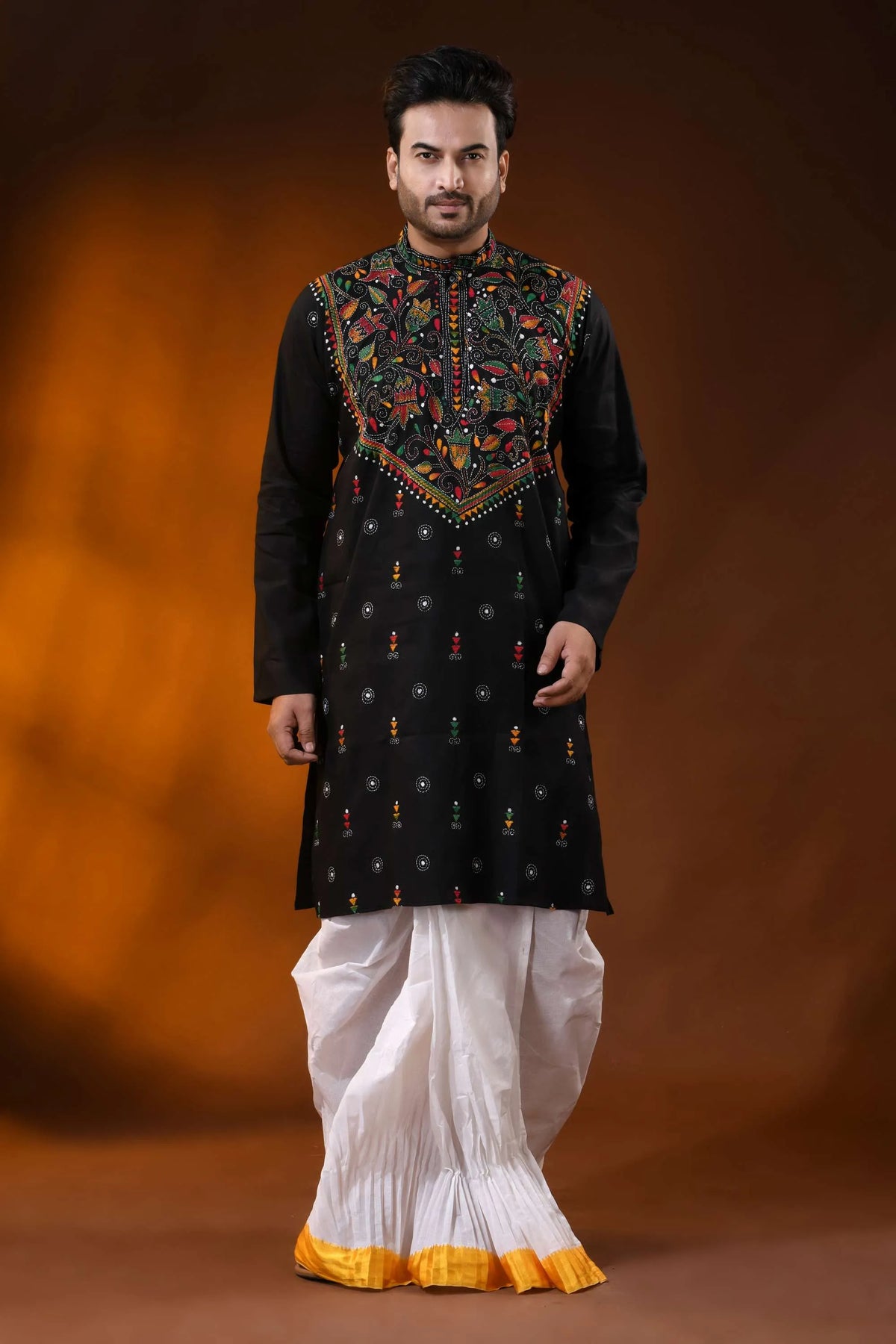 Handcrafted onyx black cotton kantha panjabi with multicolor work 6