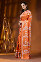 Handcrafted orange silk kutch work saree with geometric motif 3