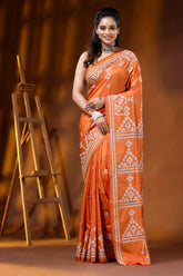 Handcrafted orange silk kutch work saree with geometric motif 6
