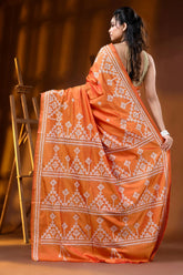 Handcrafted orange silk kutch work saree with geometric motif 5