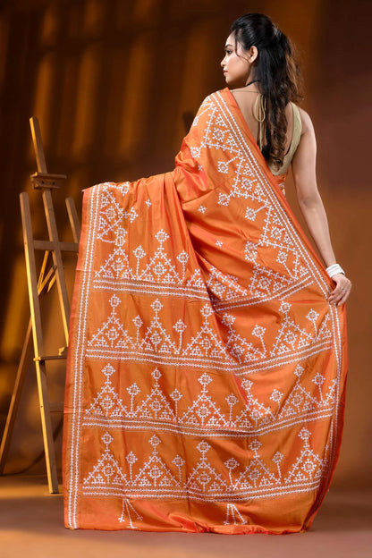 Handcrafted orange silk kutch work saree with geometric motif 5