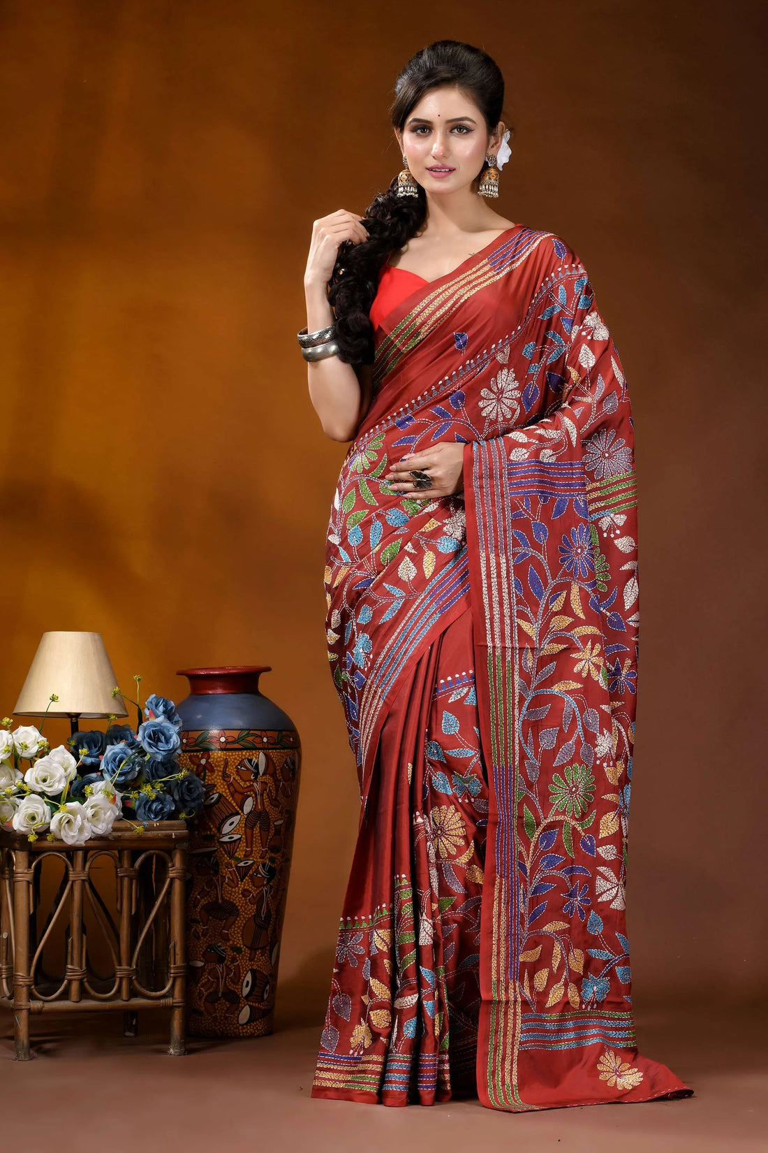 Handcrafted pale carmine silk kantha saree in multicolor floral motif rich red silk saree adorned 1