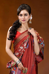 Handcrafted pale carmine silk kantha saree in multicolor floral motif woman wears vibrant red silk 5