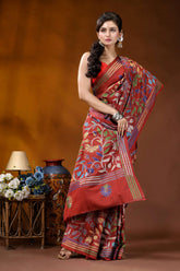 Handcrafted pale carmine silk kantha saree in multicolor floral motif rich red silk saree adorned 4