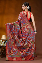 Handcrafted pale carmine silk kantha saree in multicolor floral motif rich red silk saree adorned 6
