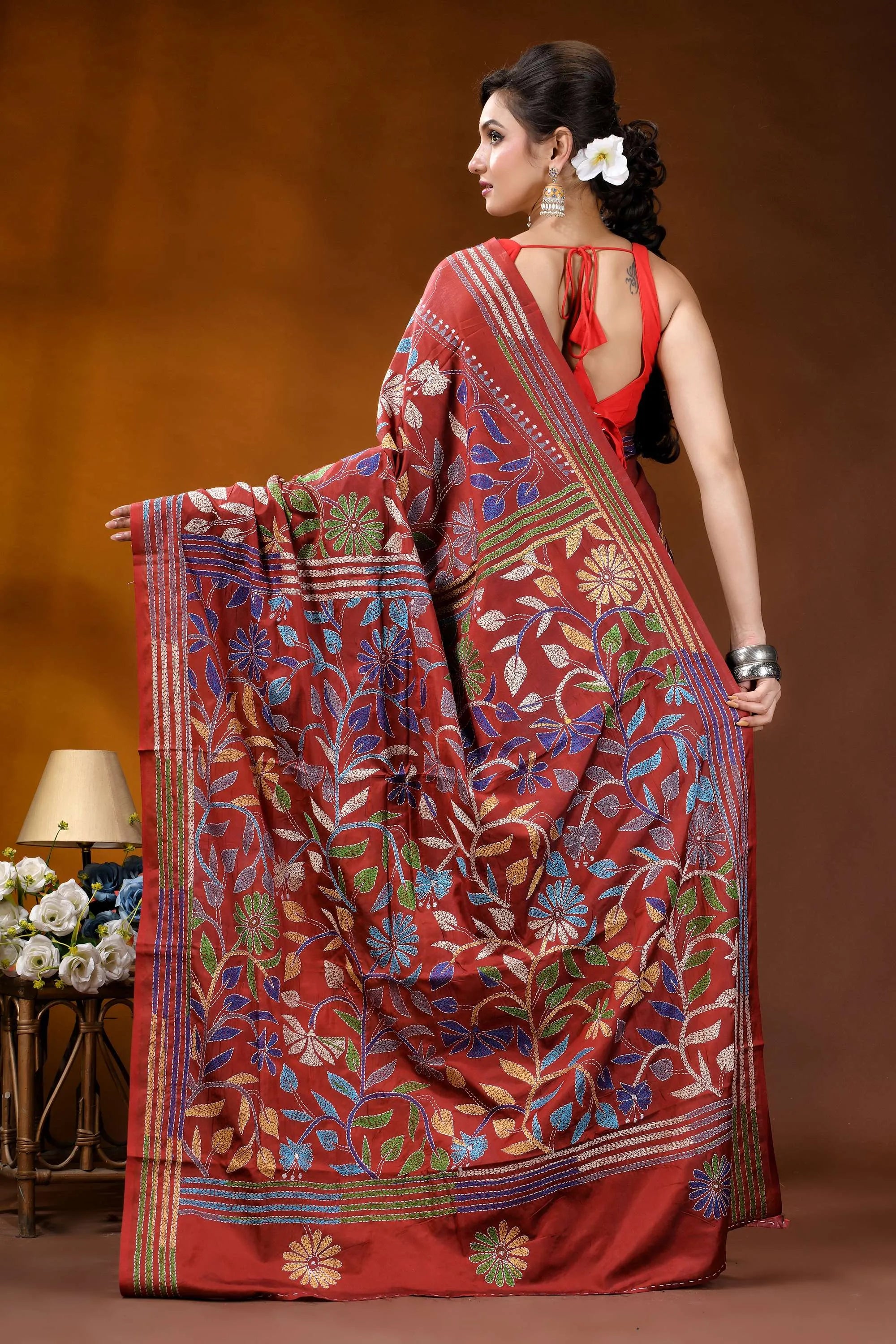 Handcrafted pale carmine silk kantha saree in multicolor floral motif rich red silk saree adorned 6