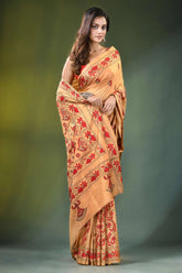 Handcrafted peach silk kantha saree with folk art peacocks design woman wears golden-yellow intricate 4