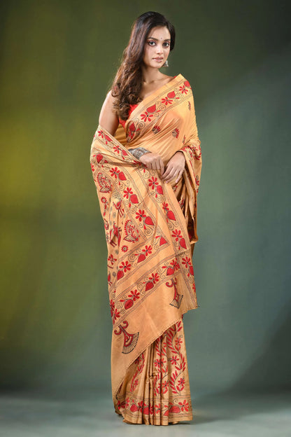 Handcrafted peach silk kantha saree with folk art peacocks design woman wears golden-yellow intricate 4