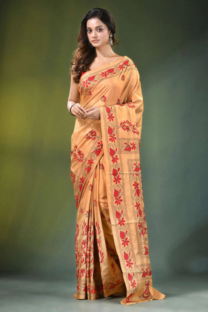 Handcrafted peach silk kantha saree with folk art peacocks design woman wears peach-colored 1
