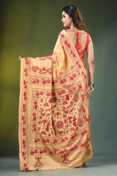 Handcrafted peach silk kantha saree with folk art peacocks design beige intricate red floral 5