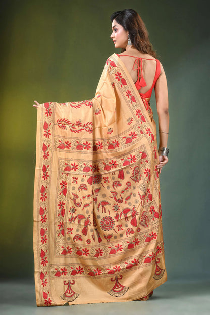 Handcrafted peach silk kantha saree with folk art peacocks design beige intricate red floral 5