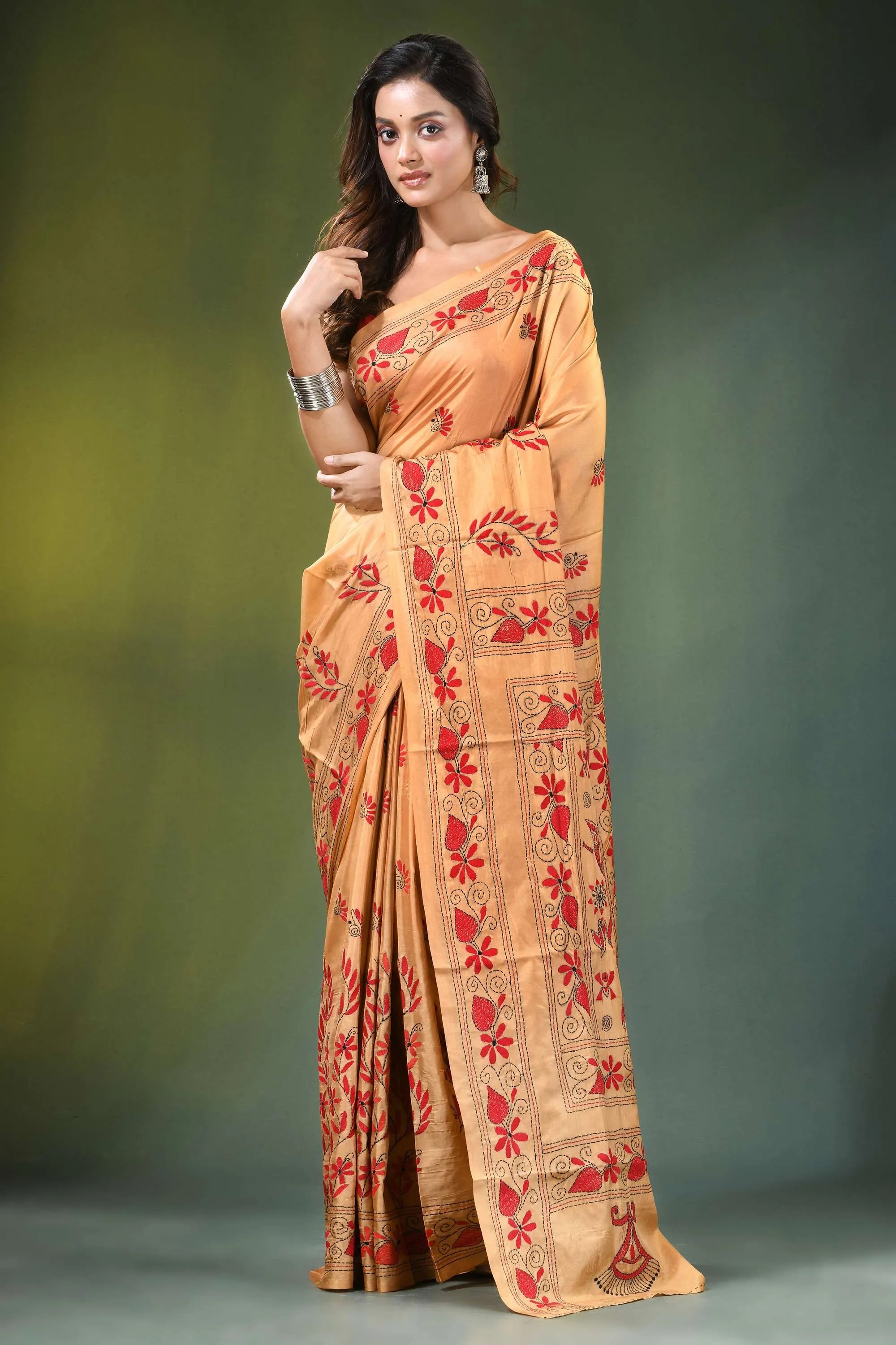 Handcrafted peach silk kantha saree with folk art peacocks design woman wears peach-colored 6