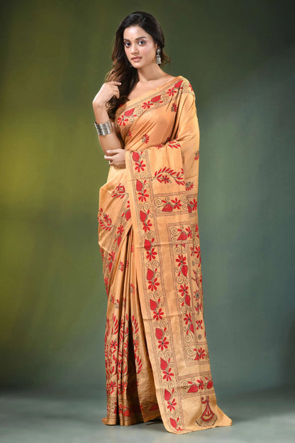 Handcrafted peach silk kantha saree with folk art peacocks design woman wears peach-colored 6