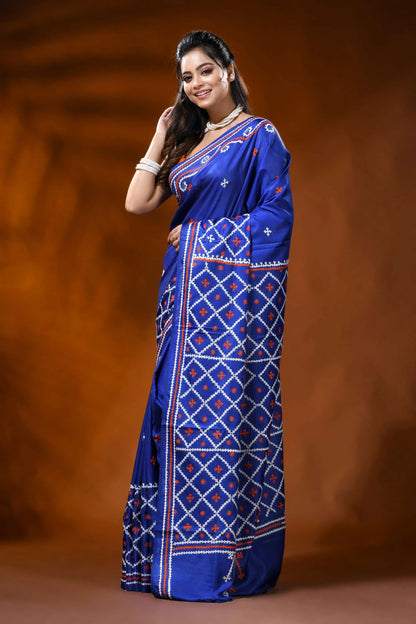Handcrafted persian blue gujarati stitch silk saree with ethnic motifs 3