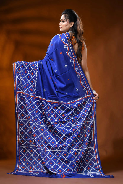 Handcrafted persian blue gujarati stitch silk saree with ethnic motifs 5