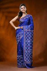 Handcrafted persian blue gujarati stitch silk saree with ethnic motifs 6