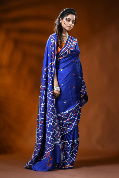 Handcrafted persian blue gujarati stitch silk saree with ethnic motifs 4
