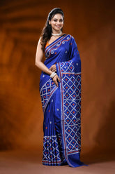 Handcrafted persian blue gujarati stitch silk saree with ethnic motifs 1