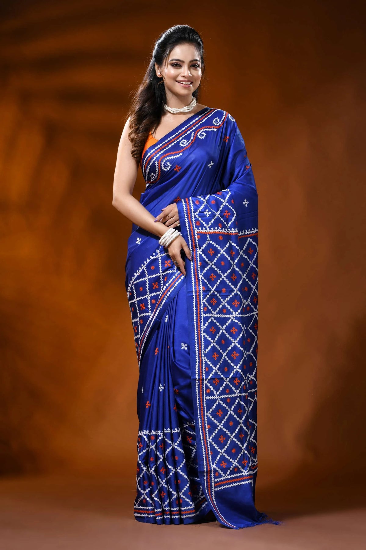 Handcrafted persian blue gujarati stitch silk saree with ethnic motifs 1