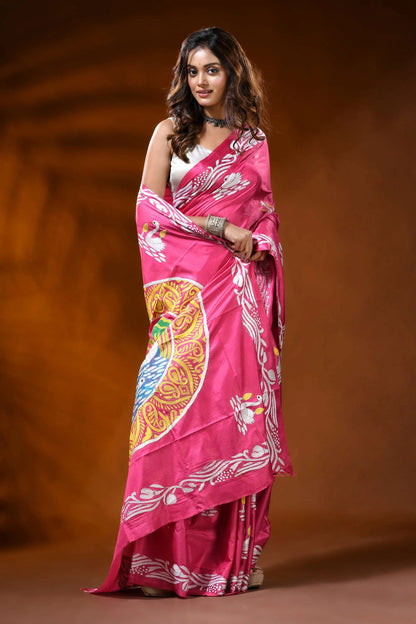 Handcrafted pink silk kantha stitch saree with swan nature motif 4