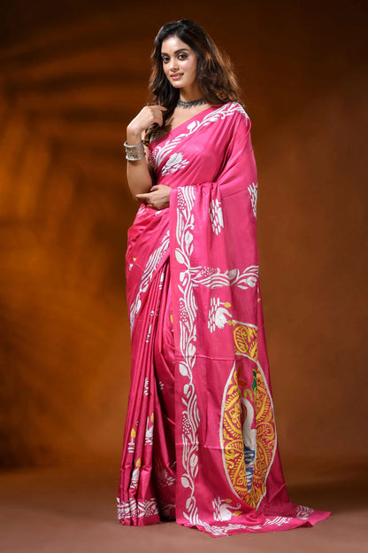 Handcrafted pink silk kantha stitch saree with swan nature motif 6