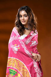 Handcrafted pink silk kantha stitch saree with swan nature motif 2