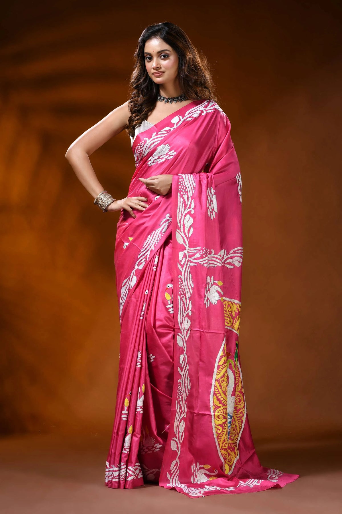 Handcrafted pink silk kantha stitch saree with swan nature motif 1