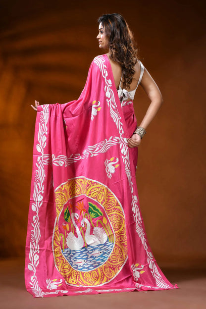 Handcrafted pink silk kantha stitch saree with swan nature motif 5