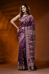 Handcrafted plum purple kutch work silk saree with mirror detailing 1