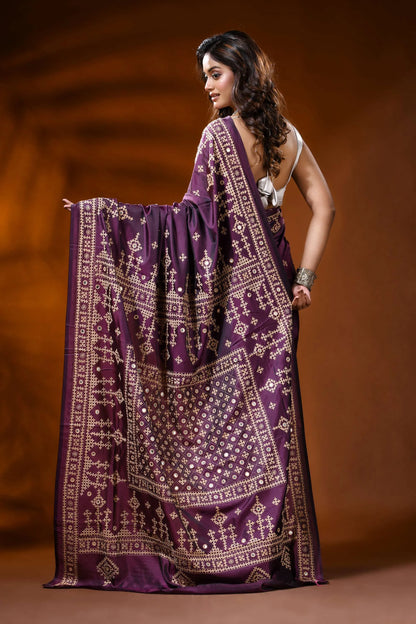 Handcrafted plum purple kutch work silk saree with mirror detailing 5