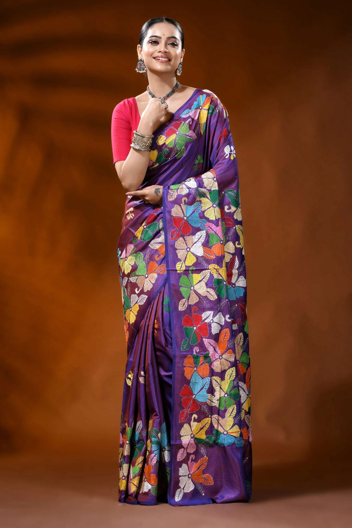 Handcrafted purple kantha silk saree with multicolor floral motif 6