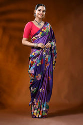 Handcrafted purple kantha silk saree with multicolor floral motif 4