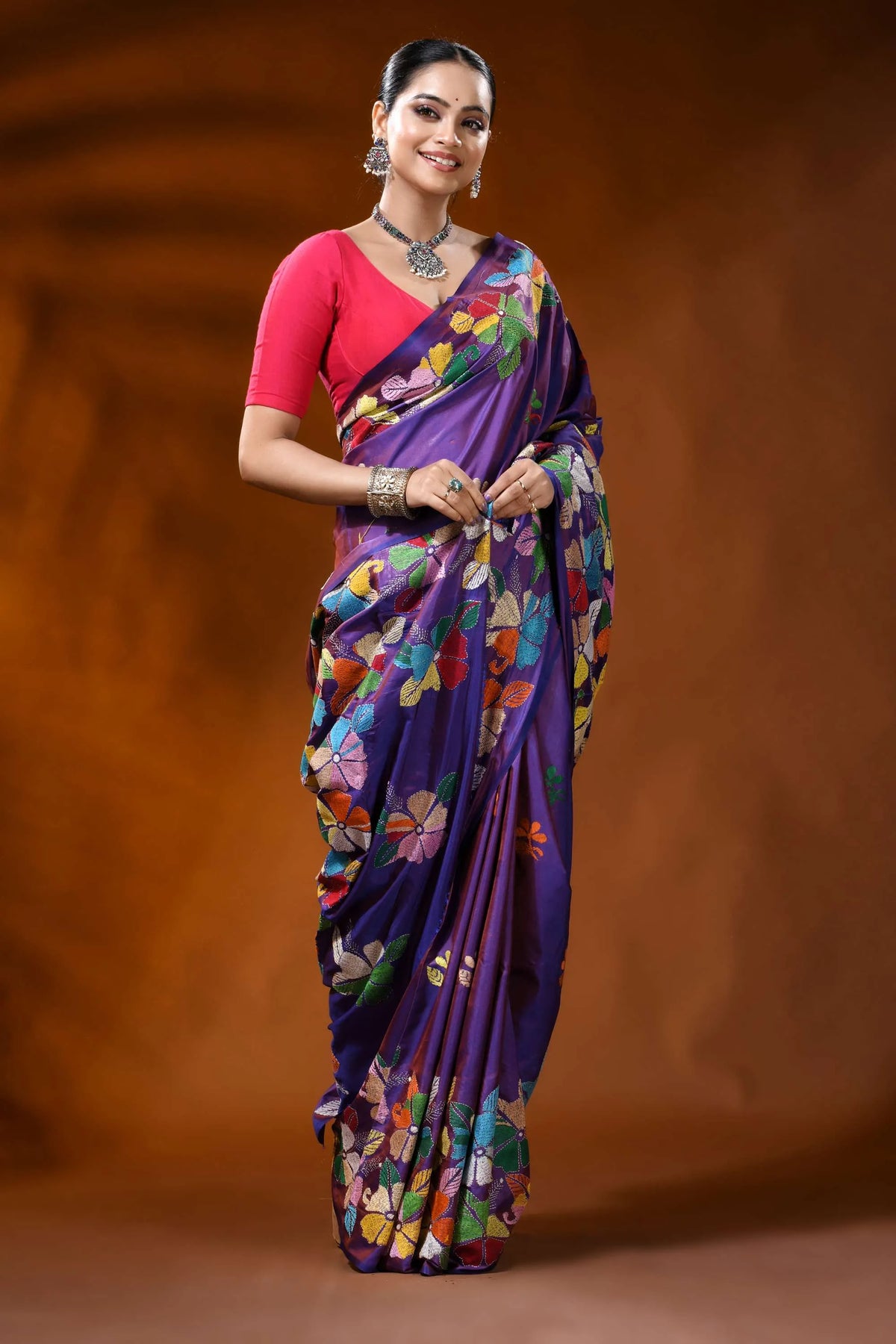Handcrafted purple kantha silk saree with multicolor floral motif 4