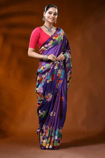 Handcrafted purple kantha silk saree with multicolor floral motif 4