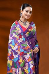 Handcrafted purple kantha silk saree with multicolor floral motif 2