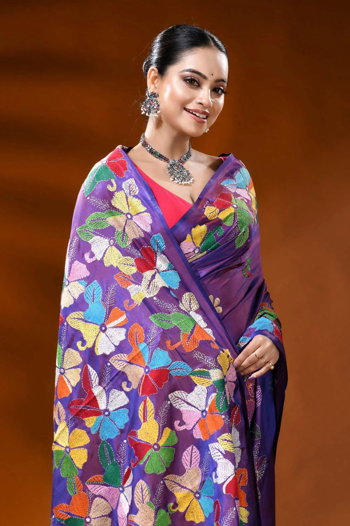 Handcrafted purple kantha silk saree with multicolor floral motif 2