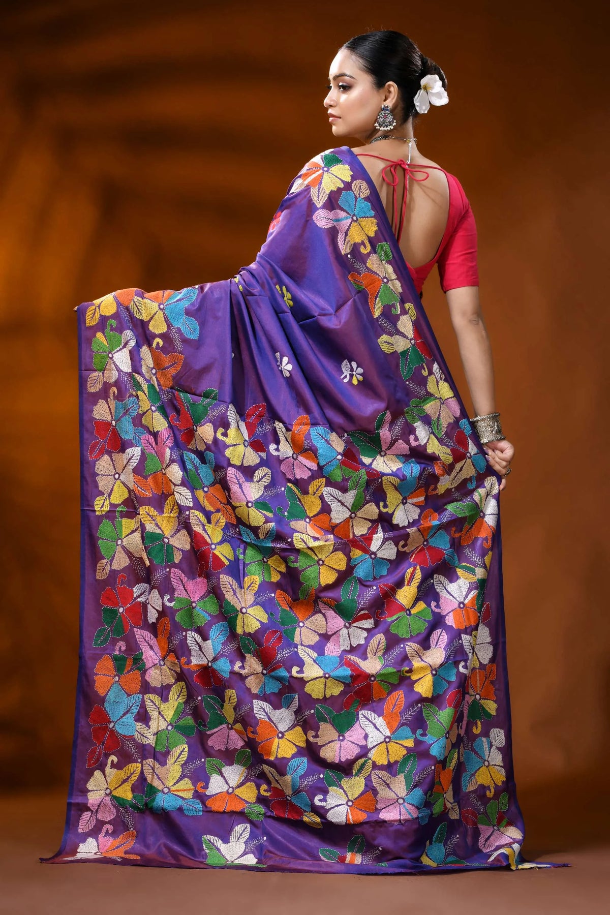 Handcrafted purple kantha silk saree with multicolor floral motif 5