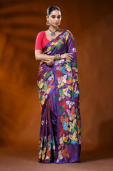 Handcrafted purple kantha silk saree with multicolor floral motif 1