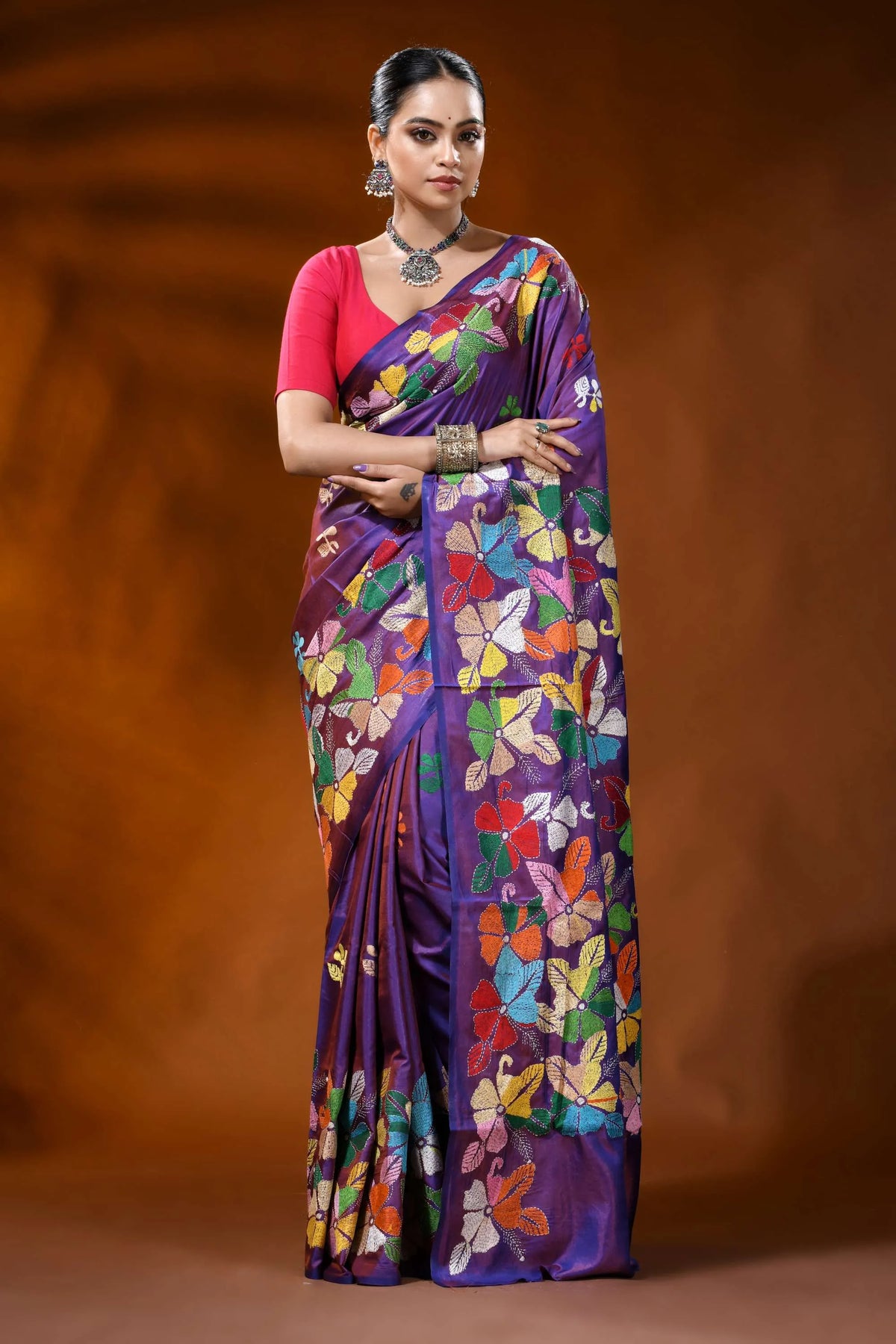 Handcrafted purple kantha silk saree with multicolor floral motif 1