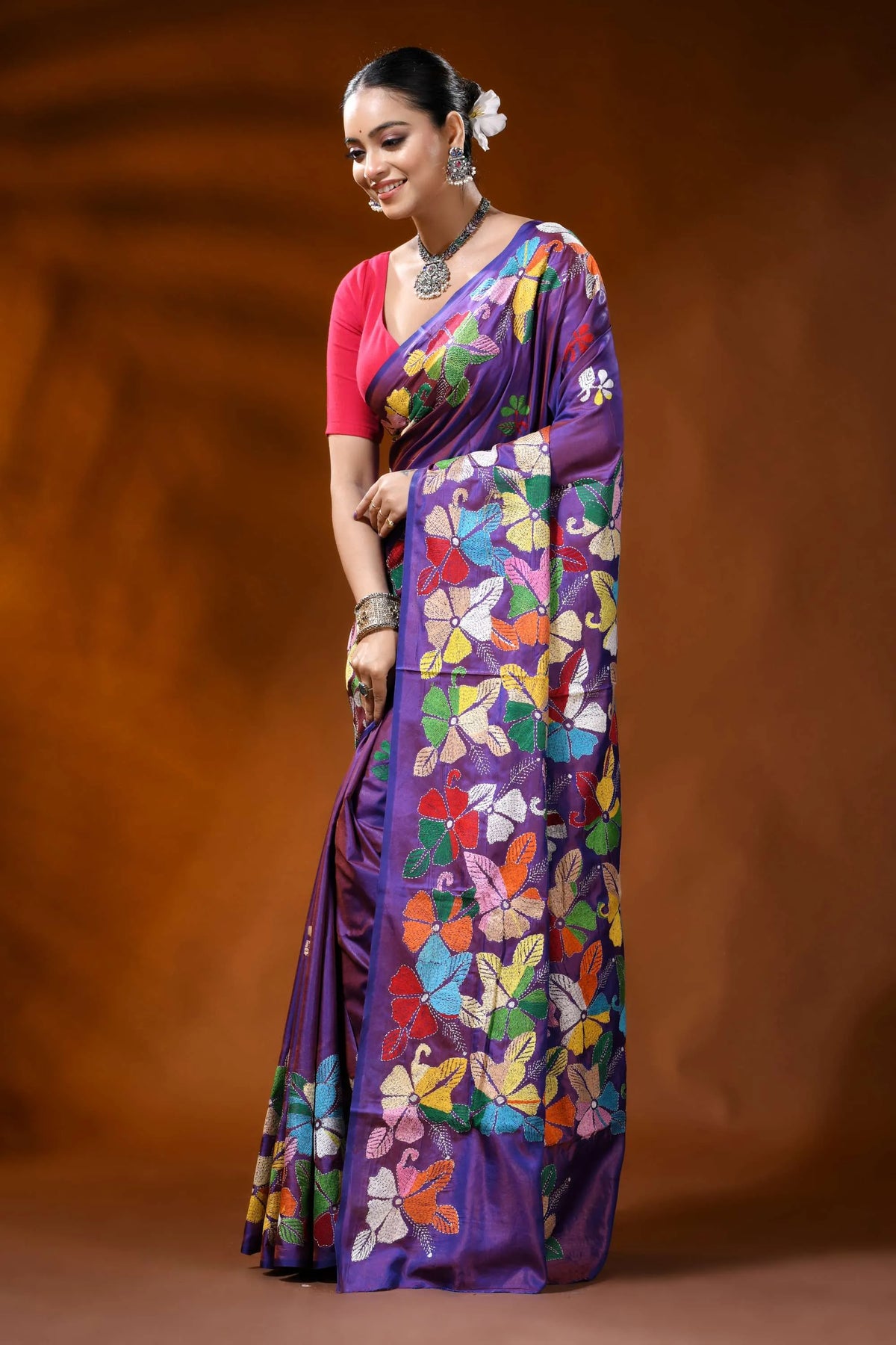 Handcrafted purple kantha silk saree with multicolor floral motif 3
