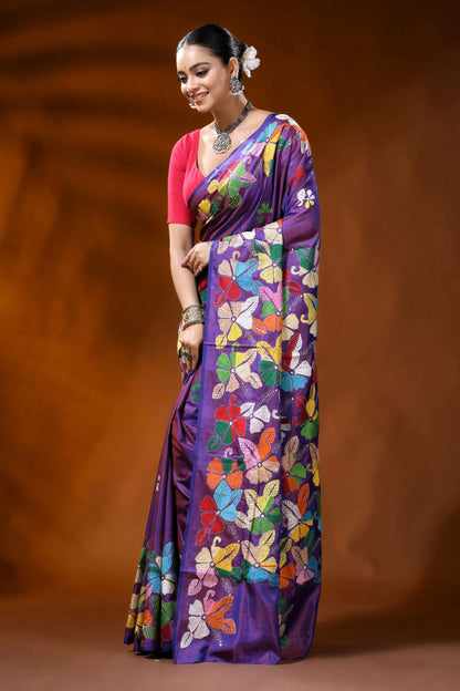 Handcrafted purple kantha silk saree with multicolor floral motif 3