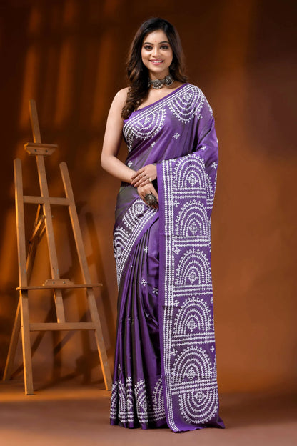 Handcrafted purple kutch embroidery saree in silk arch motif design 1