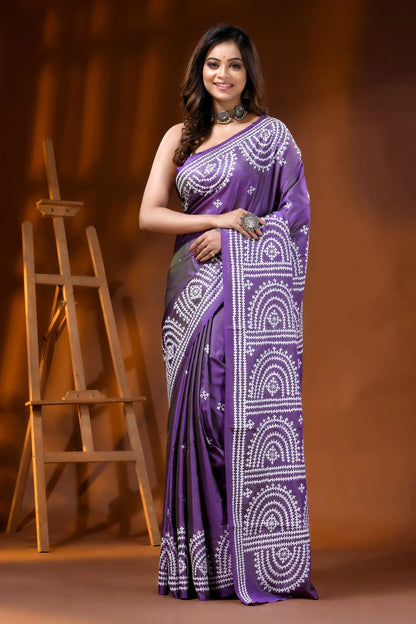 Handcrafted purple kutch embroidery saree in silk arch motif design 6
