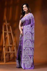Handcrafted purple kutch embroidery saree in silk arch motif design 3