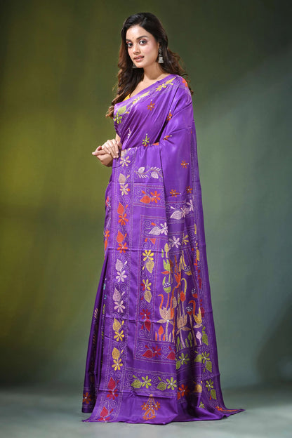 Handcrafted purple silk kantha saree with floral lotus pattern vibrant adorned intricate 3