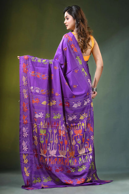 Handcrafted purple silk kantha saree with floral lotus pattern vibrant adorned intricate 5