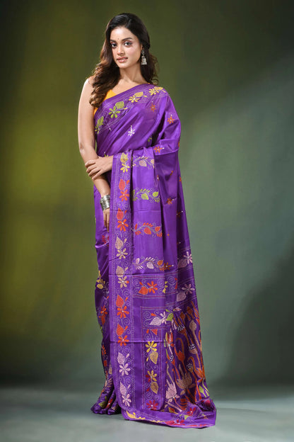 Handcrafted purple silk kantha saree with floral lotus pattern vibrant adorned intricate 4