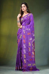 Handcrafted purple silk kantha saree with floral lotus pattern vibrant adorned intricate 6