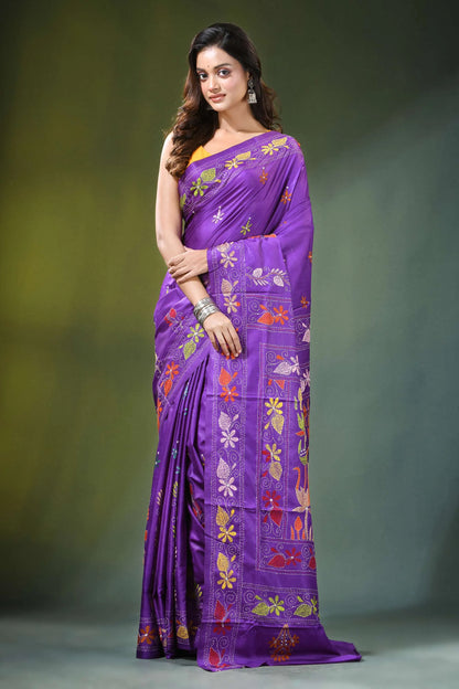 Handcrafted purple silk kantha saree with floral lotus pattern vibrant adorned 1