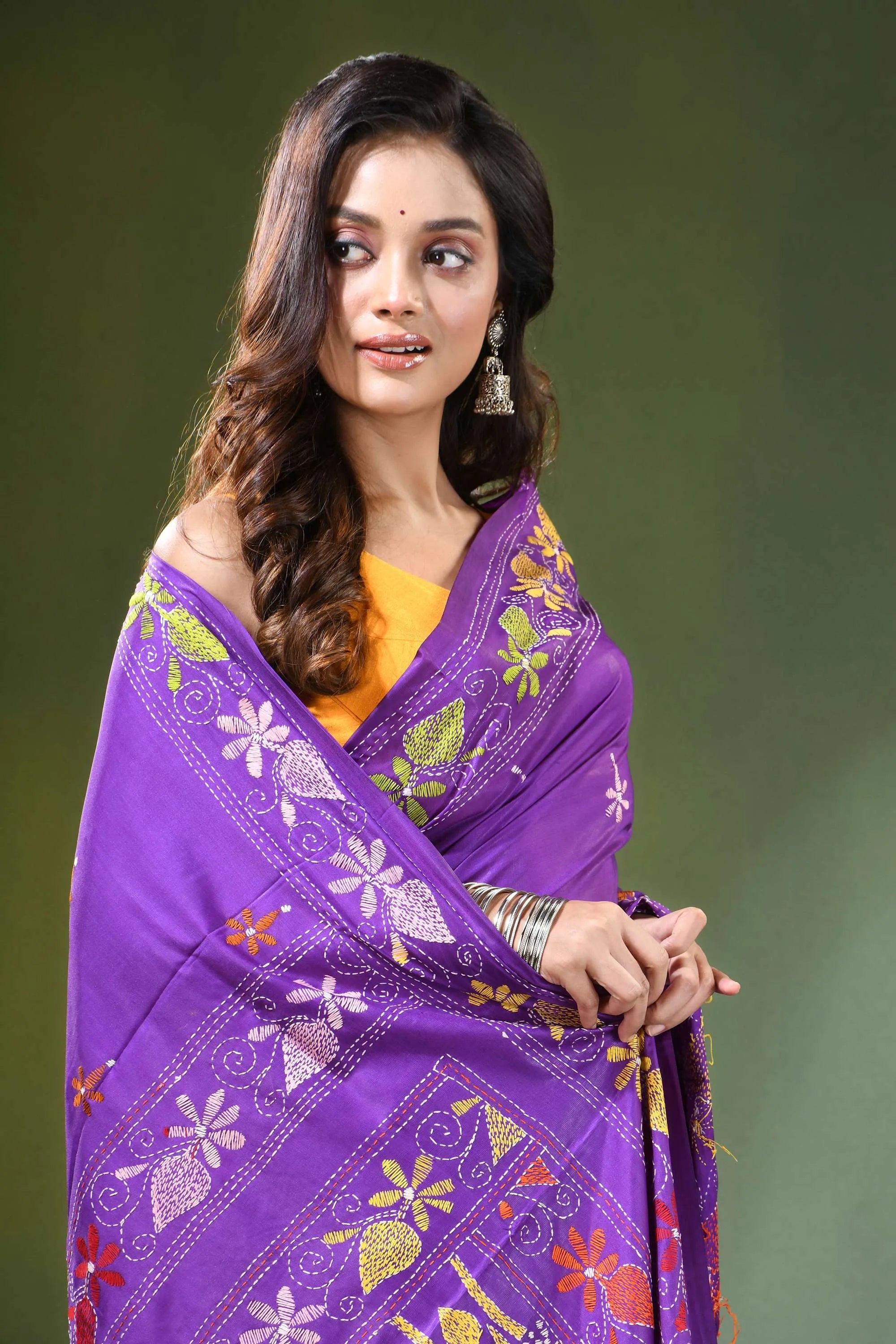 Handcrafted purple silk kantha saree with floral lotus pattern vibrant intricate 2